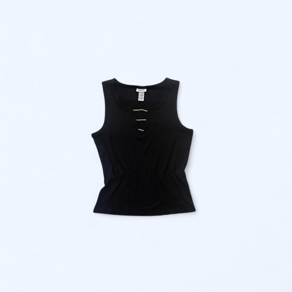 Black ribbed embellished Y2K top by Rule 21